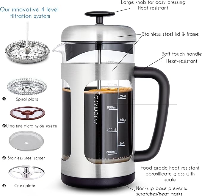 Easyworkz Stainless Steel French Press 34 oz Coffee Tea Maker with Soft Grip Handle
