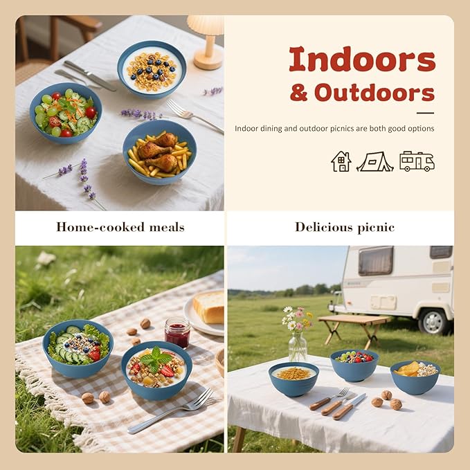 6-piece Wheat Straw Bowls sets 26oz,Alternative Plastic Bowls Reusable for indoors and outdoors,Microwave-able and Dishwasher Safe Bowls Sets Easy to Clean.Blue Series