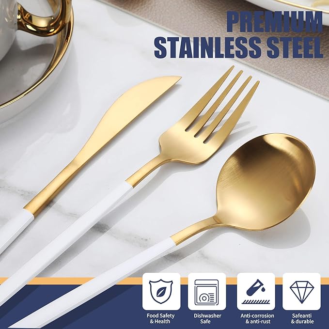 Matte White Gold Silverware Set,30 Piece Stainless Steel Modern Flatware Set,Brushed Cutlery Set Service for 6,Satin Finish Utensils Set,Home Kitchen and Restaurant,Dishwasher Safe