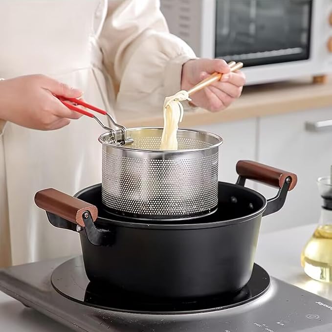 Pasta Strainer Set of 2, Stainless Steel Noodle strainer with Removable Handle Metal Pasta Strainer Basket Deep Fryer Basket, Kitchen Colander for Washing Draining Deep-frying Boiling Steaming