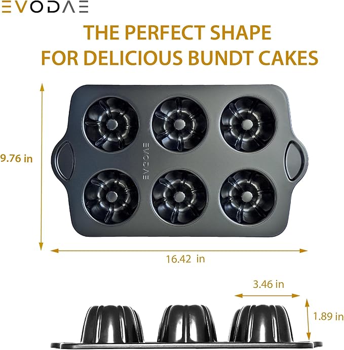EVODAE® Mini Bundt Cake Pans Set of 2 – 12 Cup (2x6) – Nonstick Black Coated Tube Pans – Perfect for Fall Baking, Pumpkin Spice & Holiday Treats – PFOA & PTFE Free