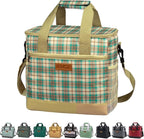 Iknoe Large Cooler Bag Collapsible 24 Can, Insulated Bags Leakproof Lunch Cooler Tote with Multi-Pockets for Adult, Insulated Lunch Box for Beach, Picnic, Work Khaki Lattice