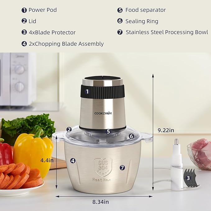 Food Processor,Electric Food Chopper with 500W Stainless Steel Motor & 4 Sharp Blade Sets, 8-Cup Stainless Steel Bowl for Meat, Vegetables, Fruits and Nuts