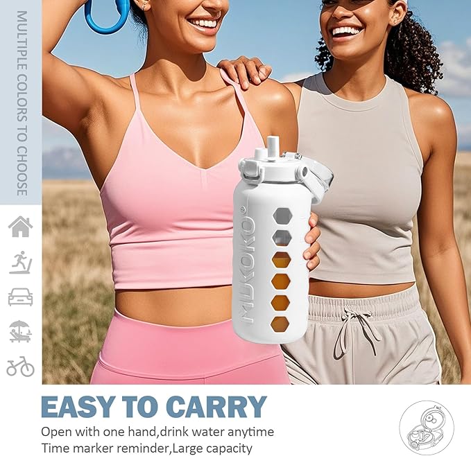MUKOKO Half Gallon/64 oz Glass Water Bottles with Straw and Lid,Motivational Water Jug with Time Marker Reminder and Silicone Sleeve,100% Leakproof BPA Free Fitness Sports Large Bottle-White