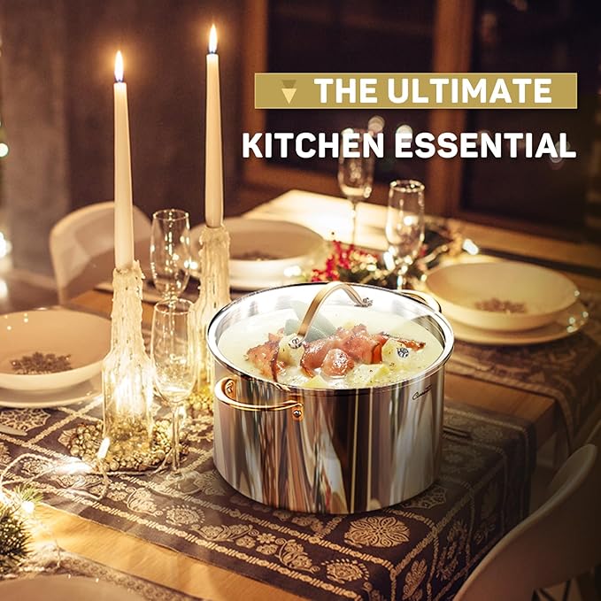 Stock Pot 12 Quart, 18/10 Tri-Ply Stainless Steel All Clad Stock Pot with Lid, Seamless 12 QT Cooking Pot with Copper Handle, Healthy Stockpots, Induction, Gas, Oven and Dishwasher Safe