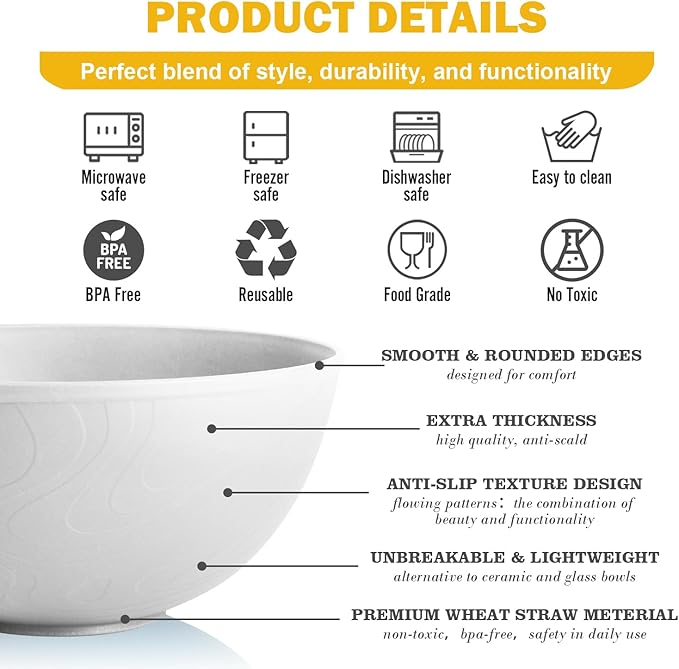 Wheat Straw Cereal Bowls 40 OZ, Unbreakable Bowls Set of 6, Microwave & Dishwasher Safe Bowl for Kitchen, Reusable Plastic Bowl for Cereal, Soup, Salad and Ramen, White
