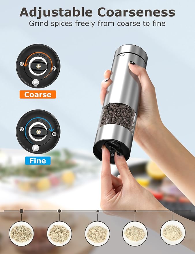 innhom Electric Salt and Pepper Grinder Set Battery Operated Stainless Steel Salt Grinder Pepper Mill Automatic Salt and Pepper Grinder Set with Adjustable Coarseness