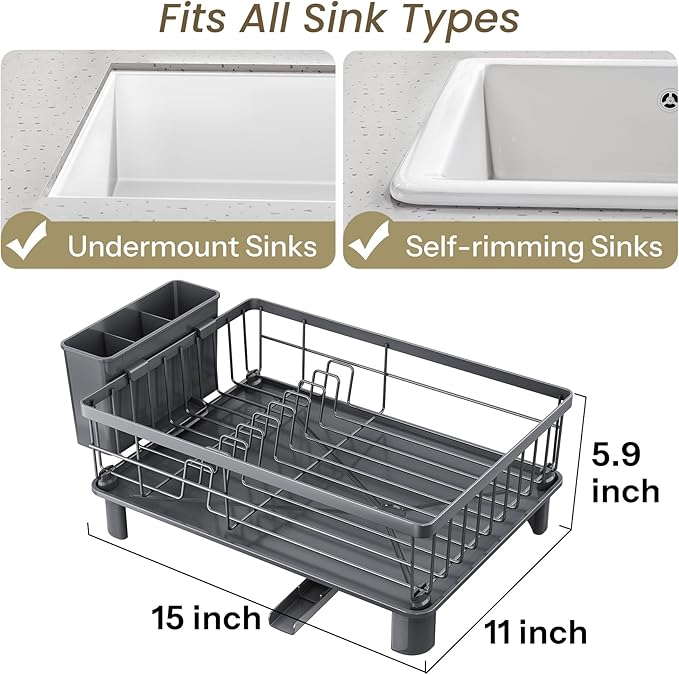 Dish Drying Rack - Small Dish Rack for Kitchen Counter, Stainless Steel Dish Drainer with Utensil Holder and Drainboard (Grey)