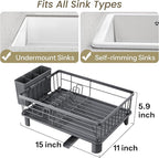 Dish Drying Rack - Small Dish Rack for Kitchen Counter, Stainless Steel Dish Drainer with Utensil Holder and Drainboard (Grey)