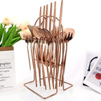 24-Piece Mirror Rose Gold Cutlery Set, Snplowum Stainless Steel Flatware Hanging Tableware Silverware Set Include Knife/Fork/Spoon/Teaspoon and Storage Rack For Daily Use, Service For 6