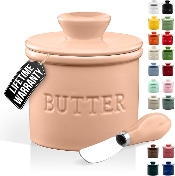 Zulay Kitchen Butter Crock With Lid & Spreader Knife for Countertop - Ceramic French Butter Dish Keeper For Fresh & Spreadable Butter - Peach