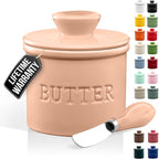 Zulay Kitchen Butter Crock With Lid & Spreader Knife for Countertop - Ceramic French Butter Dish Keeper For Fresh & Spreadable Butter - Peach