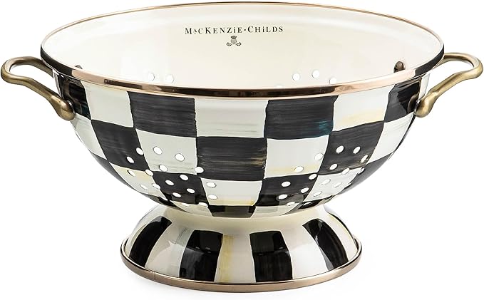 MACKENZIE-CHILDS Enamel Colander, Decorative Kitchen Strainer, Large, Black-and-White Courtly Check