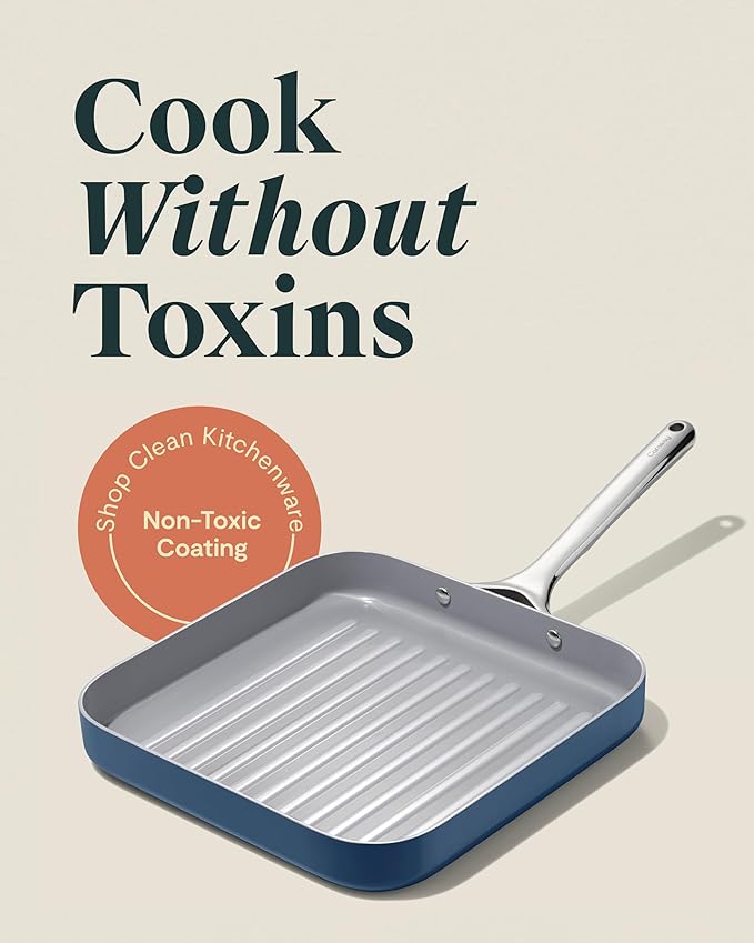 Caraway Square Grill Pan - 11” Grill Pan - Non-Stick Ceramic Coated - Non Toxic, PTFE & PFOA Free - Oven Safe & Compatible with All Stovetops - Navy