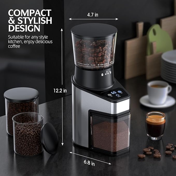 Burr Coffee Grinder Electric, Coffee Bean Grinder with 60 Adjustable Grind Settings for Home Use, Espresso Grinder with 60s Precision Timer & 1-8 Cup, Anti-static, Stainless Steel, Black(updated)
