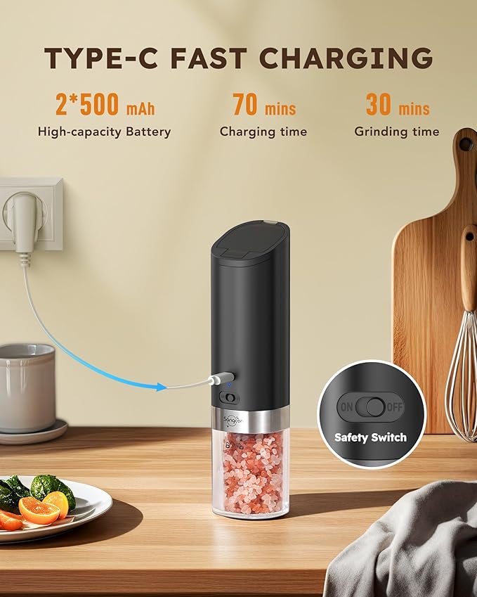Sangcon Gravity Electric Salt and Pepper Grinder Set Rechargeable with Dust Cover, Large Capacity, Adjustable Coarseness, LED Light, One Hand Automatic Salt Pepper Shaker Set Mill, House Warming Gifts