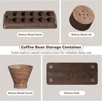 Single Dose Coffee Bean Storage Tubes Coffee Storage Container with One-Way Exhaust Valve,Coffee Bean Cellar 10 Pcs Dosing Glass Vials (2 Oz) Walnut Wood Stand Funnel And Lids