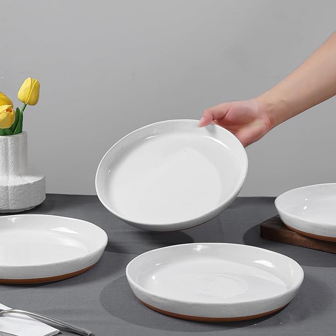 4 Piece Stoneware Plate Sets, White Ceramic Dinner Plates, 10 Inch Modern Porcelain Serving Plates, Scratch Resistant, Microwave&Dishwasher Safe,White(Brown Bottom)