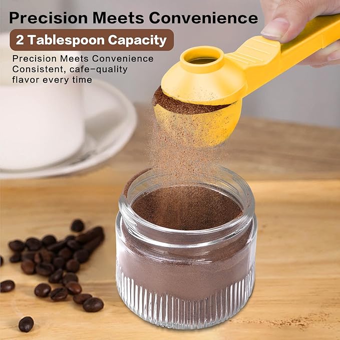 2-in-1 Coffee Scoop with Funnel, 2 Teaspoon Measuring Spoon for Reusable Pods, Ground Coffee, Protein Powder & Tea, Mess-Free Plastic Design (Yellow)