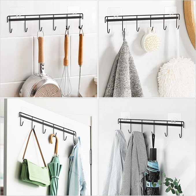 Myfolrena Adhesive Kitchen Hooks Utensil Hanger Holder Hanging Rack 2 Pack, Hanging Rack Wall Mounted Kitchen Rail for Spoons Pot Coffee Mug Cups Tags(Black)