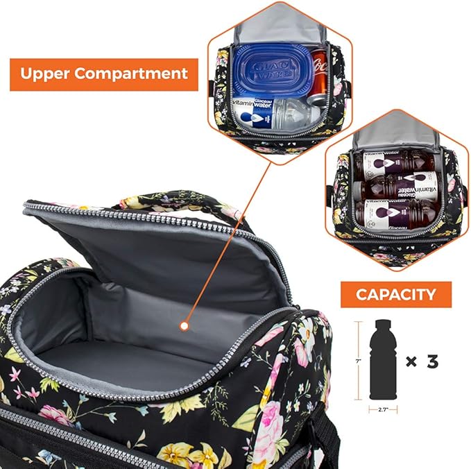 OPUX Lunch Box For Women, Insulated Large Lunch Bag Adult Work, Double Decker Lunchbox Meal Prep, Dual Compartment Leakproof Lunch Cooler, Soft Lunch Pail Tote for Girls Kids School, Floral Black 12L