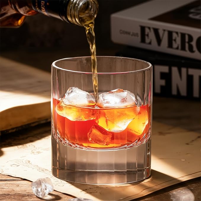 KAMMAK Crystal Whiskey Glasses Set of 2, 10.14 Oz Old Fashioned Tumbler with Delicate Cut Rim & Thick Heavy Base, Elegant Barware for Scotch, Bourbon, Cocktail, Wine - Ideal Gift & Home Drinkware