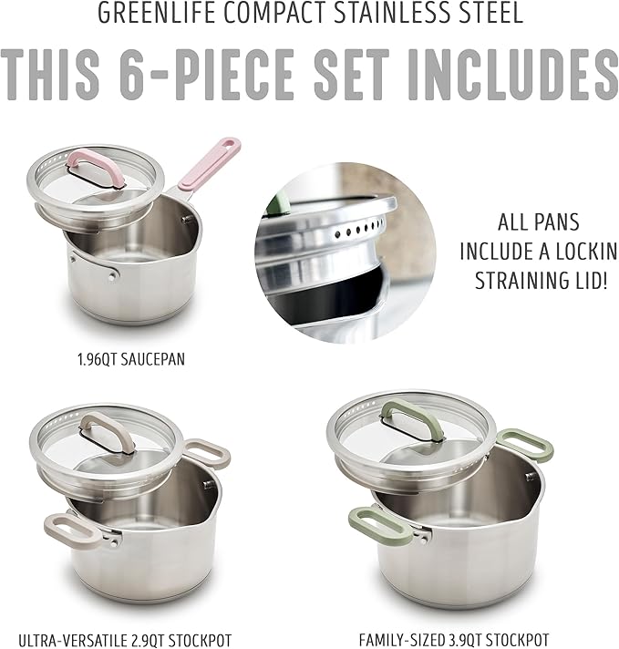 GreenLife 6 Piece Stainless Steel Cookware Set, Induction Kitchen Cooking Pots & Pans, Locking Lids, Built in Strainer, Drip-Free Pour Spouts, Silicone Handles, Saucepan, Stock Pot, Dishwasher Safe