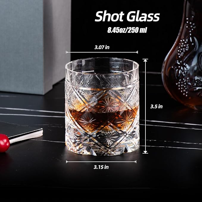 KAMMAK Old Fashioned Crystal Whiskey Glasses Set of 2, 8.45 oz (250 ml) Handmade Thick Base Tumbler with Delicate Rim & Seamless Design for Scotch, Bourbon, Cocktails, Lead-Free Barware