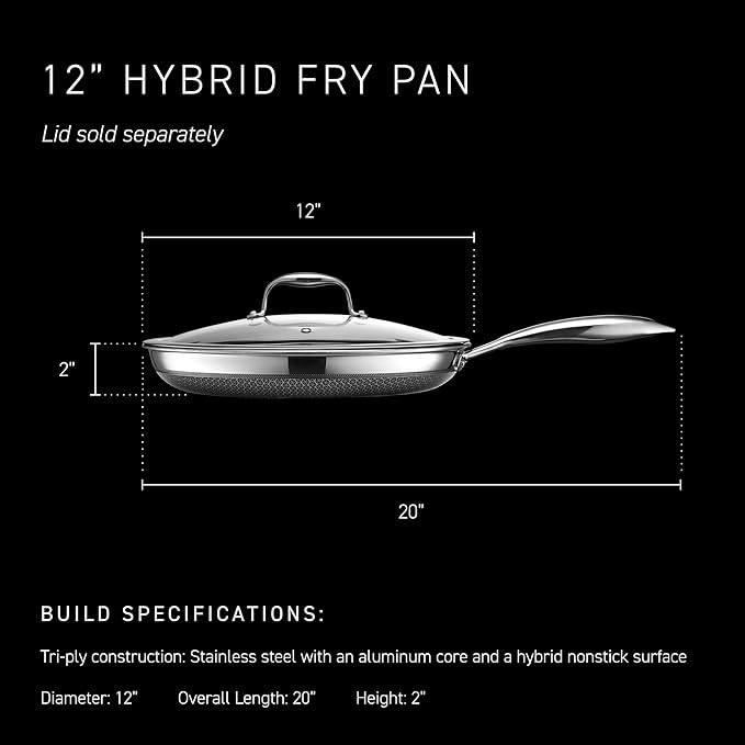 HexClad Hybrid Nonstick 12-Inch Frying Pan, Stay-Cool Handle, Dishwasher-Friendly, Oven-Safe Up to 900°F, Induction Ready, Compatible with All Cooktops