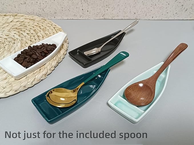Coffee Stirring Spoon and Rest for Coffee Bar Accessories, Small Spoon Rest for Coffee Station, Coffee Spoon Holder for Coffee Bar Tea Spoon Teaspoon Rest, 1 PC (Oar Spoon with Retro Black Boat Rest)