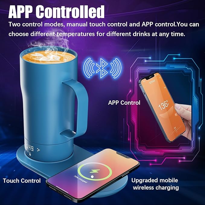 Smart Self Heating Coffee Mug 18 Oz Temperature Control Heated Coffee Mug App Controlled Warmer Mug 5-10 Hour LED Display Keep Coffee Hot All Day Fast Wireless Charger Base Lake Blue