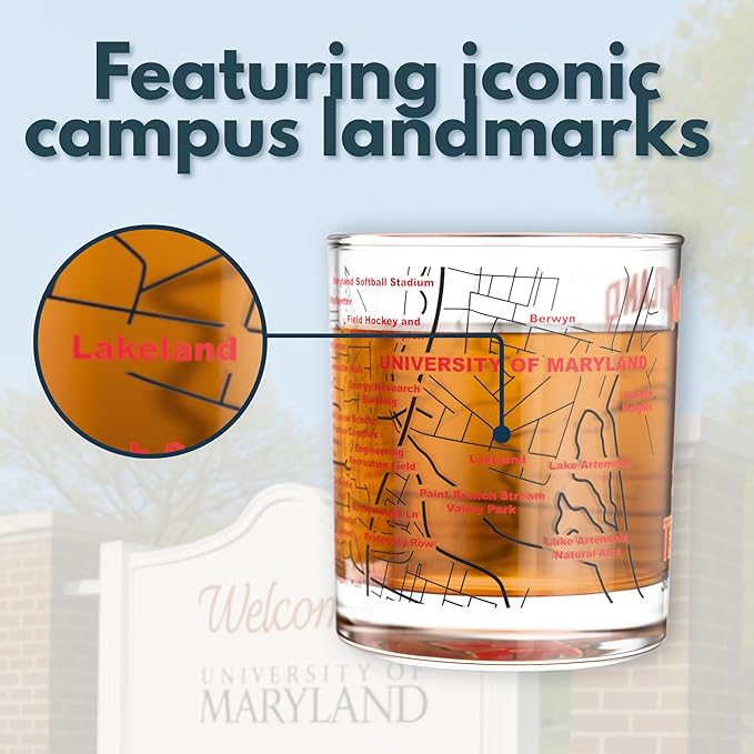 Greenline Goods – University of Maryland Terrapins College Whiskey Glasses (Set of 2), 10 oz – Full-Color Logo + Campus Map