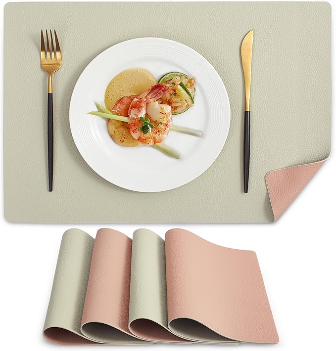 MOSAYT Vinyl Placemats Set of 4, Heat Resistant Place Mats 100% Waterproof Washable & Wipeable Faux Leather Reversible Table Mats for Kitchen Dining Party Indoor Outdoor, 12" x 17", Beige/Pink