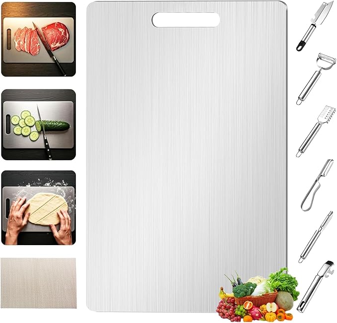 Titanium Cutting Board, Stainless Steel Cutting Board for Kitchen Dishwasher Safe, Double Sided Food-Grade Chopping Board with Peeler and Anti-slip Mat (15"L x 11"W)