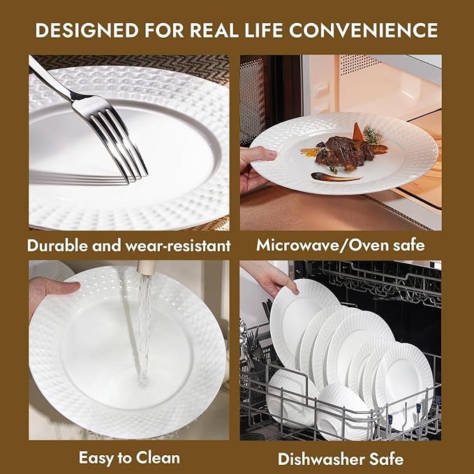 KINGSTONE Bone China Dinnerware Set, 18-Piece White Lightweight Porcelain for 6, Plates and Bowls with Rhombus patterned edge design, Microwave and Dishwasher Safe, for Family, Restaurant, Gifting