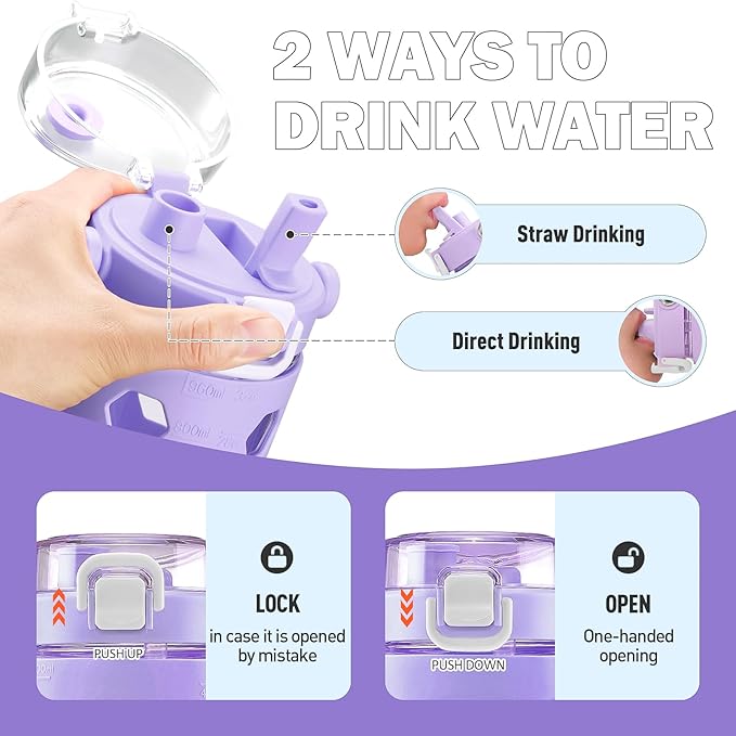 MUKOKO 32 oz Glass Tumbler with Straw,Glass Water Bottles with Time Marker,Iced Coffee Cup with Silicone Sleeve,Motivational Drinking Bottles,Leakproof-Purple