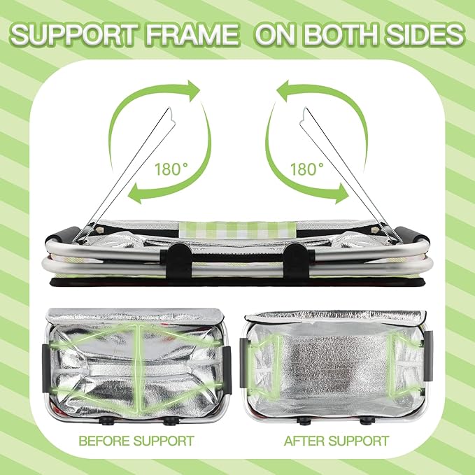 Insulated Picnic Basket,Collapsible Cooler Bag,32L Grocery Basket with Lid,2 Sturdy Handles,Storage Basket for Picnic,Food Delivery,Take Outs,Market Shopping,Travel (Green Grid)
