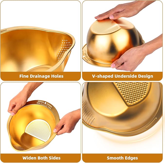 KesaPlan Rice Washer Strainer Bowl, 4-in-1 Washer Bowl Stainless Steel Rice Rinser Strainer Sink Colanders With Side Drainers for Cleaning Fruits, Vegetables, and Beans, Versatile Kitchen Tool