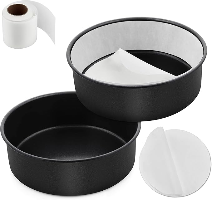 E-far 6 Inch Cake Pans Set of 2, Nonstick Stainless Steel Small Round Baking Pans with Parchment Paper & Side Liner Roll, Stainless Steel Core & Non-toxic Coating, Straight Side & 2 Inch Deep