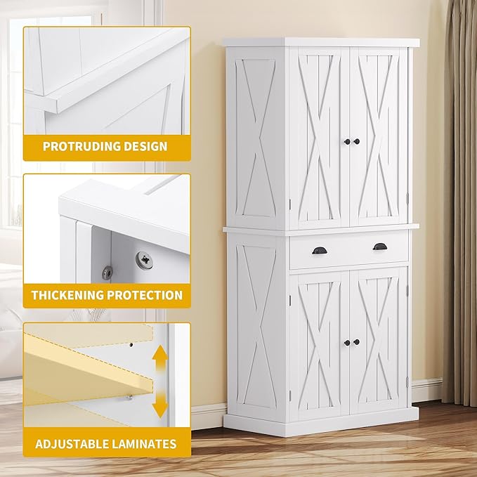 DWVO 72'' Tall Farmhouse Kitchen Pantry with Adjustable Shelves, Kitchen Storage Cabinets with Doors & Drawer, Freestanding Cupboard for Dining & Living Room, White