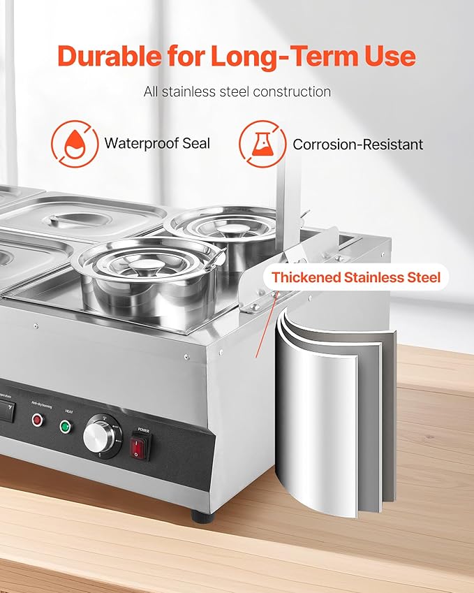 VEVOR Electric Soup Warmer, Two 6.34QT Pots & Four 1/2 Pans, Stainless Steel Commercial Food Warmer with 86~185°F Adjustable Temp, 1500W Bain Marie with Cover, Soup Station for Restaurant, Buffet