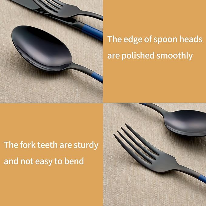 20-Piece Black and Dark Blue Silverware Set 18/0 Stainless Steel Silverware Set Dark Blue Handle Cutlery Set Service for 4 Dinner Knives Forks Spoons Set Flatware Set Finish Dishwasher Safe