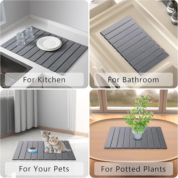 Large Stone Drying Mat for Kitchen Counter, 24''L x 16''W Diatomaceous Earth Collapsible Dish Drying Mat, Quick Drying Mat for Dishes, Bottles and Cups, Matches Any Countertop (Dark Gray)