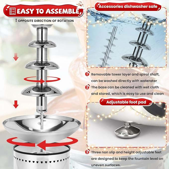 4-Tier Commercial Chocolate Fountain 11Lbs Large Chocolate Fondue Tower Stainless Steel Chocolate Melting Heating Machine for Nacho Cheese Liqueurs Party Wedding, Catering, Knob Control