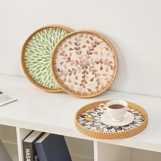 Round Rattan Tray for Home Decor 11.8 inch, Modern and Boho Decor Serving Tray with Mother of Pearl Inlay, Wicker Basket for Coffee Table, Hand Woven Decorative Tray Plates (Gold)