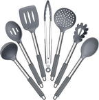 E-far Silicone Cooking Utensils Set, 7 Pcs Heat Resistant Kitchen Utensils with Stainless Steel Handle, Slotted Turner, Spoon, Soup Ladle, Pasta Server, Skimmer, Tongs for Nonstick Cookware, Gray