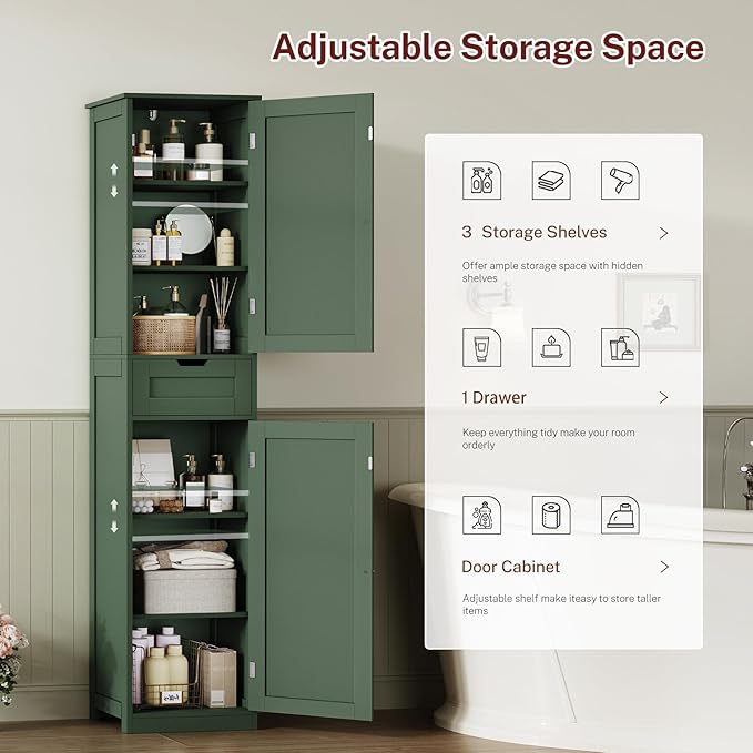 Tall Bathroom Cabinet with 2 Doors & 1 Drawer, Narrow Bathroom Storage Cabinet with Adjustable Shelves, for Living Room, Entryway, Kitchen, Forest Green