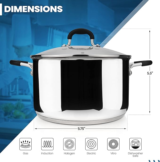 AVACRAFT Stainless Steel Stockpot with Glass Strainer Lid, 6 Quart Stock Pot, Saucepan cookware, Side Spouts, Multipurpose, Sauce, Soup, Induction Pan, (5-Ply Capsule Bottom, 6QT)