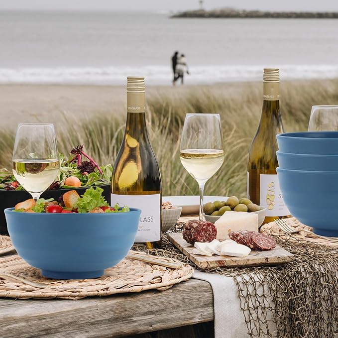 Large Soup Bowl 60 OZ, Wheat Straw Bowl Set of 6, Large Plastic Bowls Rusable, Microwave Safe Big Bowl for Fruit, Salad, Popcorn, Serving Bowls for Kitchen, Picnic, RV - Bule