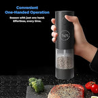 T&J's Upgraded Larger Capacity Electric Salt and Pepper Grinder Set Rechargeable (2 Pack) One Hand Operation with Storage Base, Five-Level Adjustable Coarseness and Warm LED Light, Black